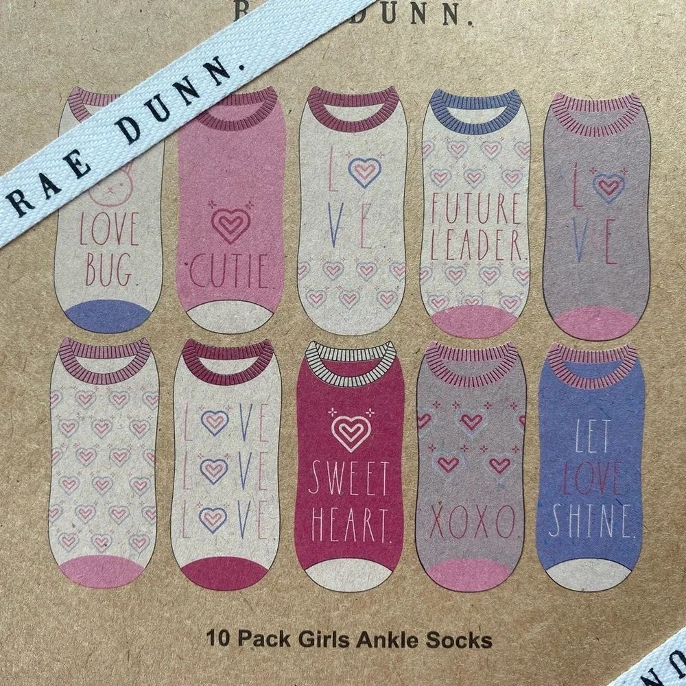 •NWT•Rae Dunn 10 Pack Girls Ankle Socks- Love Theme💘